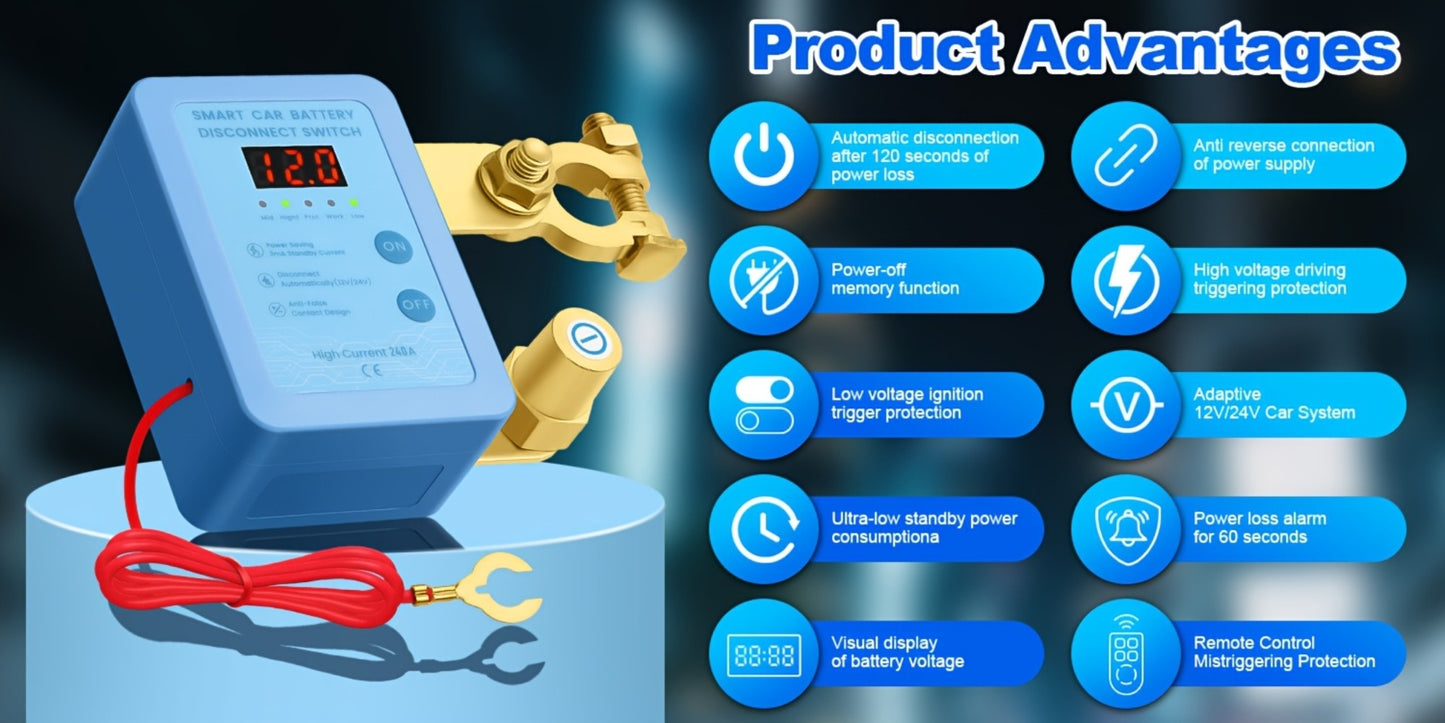 Car Battery Auto Power Off Switch with LED Voltage Display - 12V/24V Anti-Drain Protection, Low Voltage Alarm, 240A Remote Control Battery Disconnect