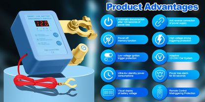 Car Battery Auto Power Off Switch with LED Voltage Display - 12V/24V Anti-Drain Protection, Low Voltage Alarm, 240A Remote Control Battery Disconnect