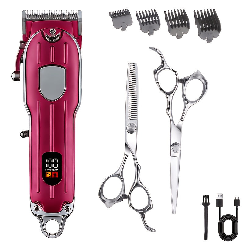 Barber Hair Clipper Kit for Men — USB Rechargeable Digital Size Adjustment, Complete Set with Scissors & 4 Limit Combs, Professional Home Barbering Grooming Set, Gift for Dad & Husband
