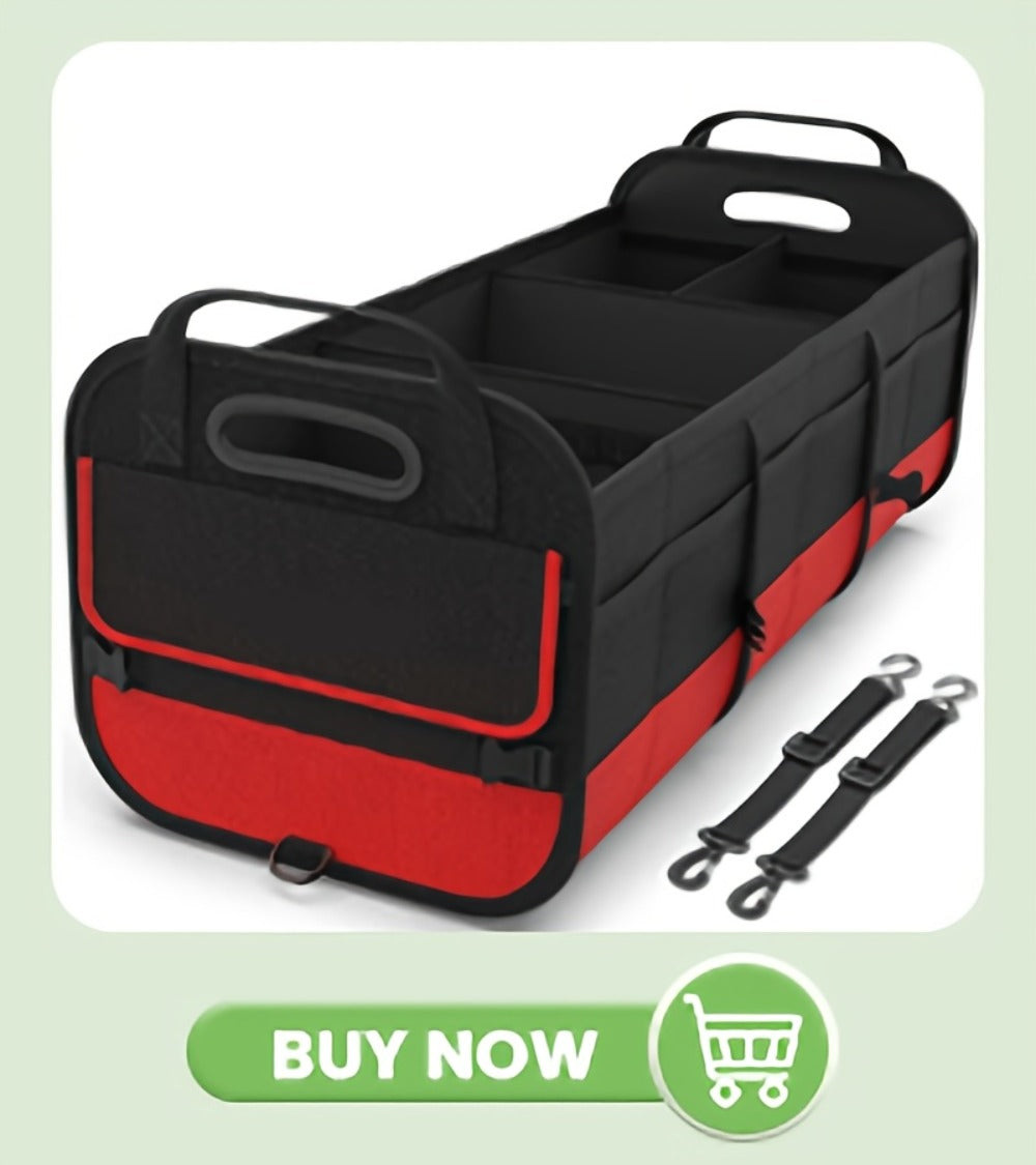 Foldable Car Trunk Organizer 95L – 4-Compartment Storage Box with 2 Retractable Straps, Collapsible Cargo Bin for SUV Truck Minivan – Travel Camping Shopping