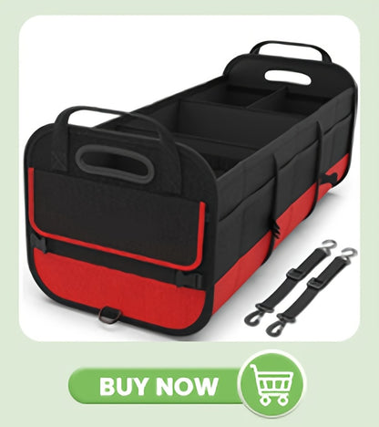 Foldable Car Trunk Organizer 95L – 4-Compartment Storage Box with 2 Retractable Straps, Collapsible Cargo Bin for SUV Truck Minivan – Travel Camping Shopping