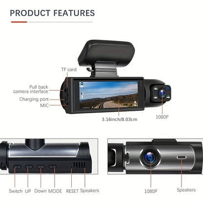 Dual Dash Cam 1080P Front and Inside Car Camera with IR Night Vision, WiFi, Loop Recording, Wide Angle DVR – Optional 2" / 3.16" Screen, No Card / 32GB / 64GB Memory Card