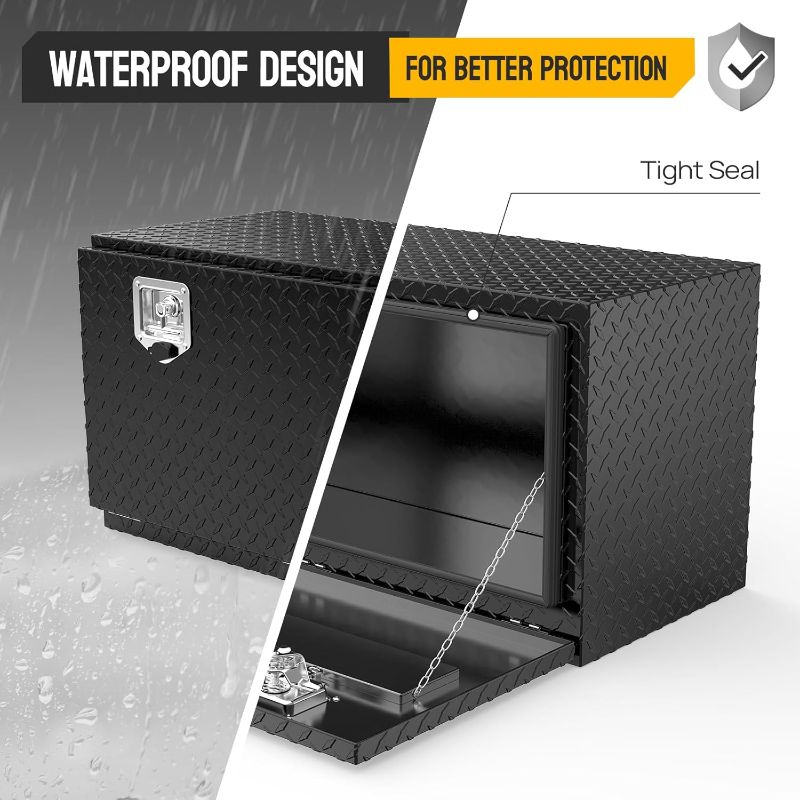 Aluminum truck toolbox with T-shaped handle lock and key, made of aluminum alloy, suitable for storage and organization of trailers, pickups, truck beds, four-wheel drive vehicles, all-terrain vehicles and campers. Black version.