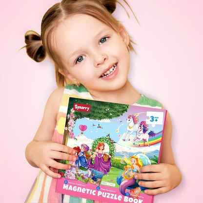 Magnetic Puzzle Book for Girls 3 4 5 6 – 3-in-1 Unicorn Mermaid Princess Travel Puzzles, 20 Pieces Folding Magnetic Jigsaw for Toddlers, Road Trip Car Airplane Activity, Birthday Gift for Little Girls