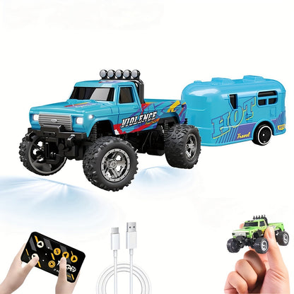 Mini RC Truck Toy 1:64 Scale 2.4GHz Off-Road Alloy Crawler with Detachable Trailer Body Lights & LED Headlights – Collectible Remote Control Truck Model Gift for Boys Girls Adults Blue Green Red