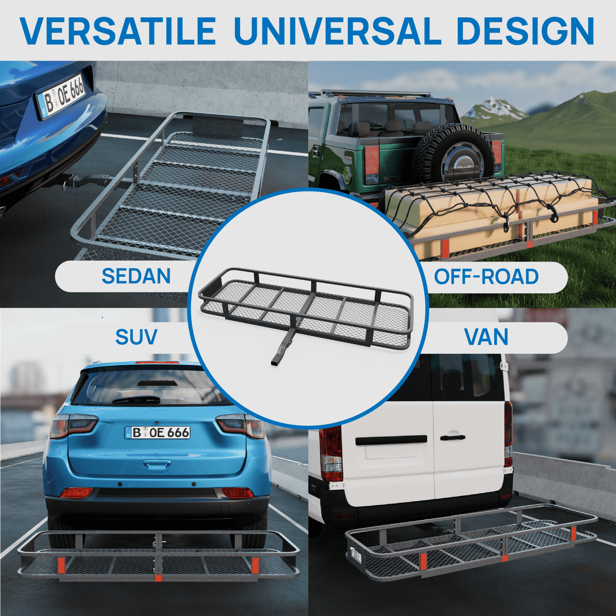 60" L x 20/24" W x 6" H Hitch Mount Cargo Carrier Folding Rack, 500lbs Heavy Duty Trailer Steel Luggage Basket with Waterproof Cargo Bag, Straps, Net & Stabilizer for Camping Travel