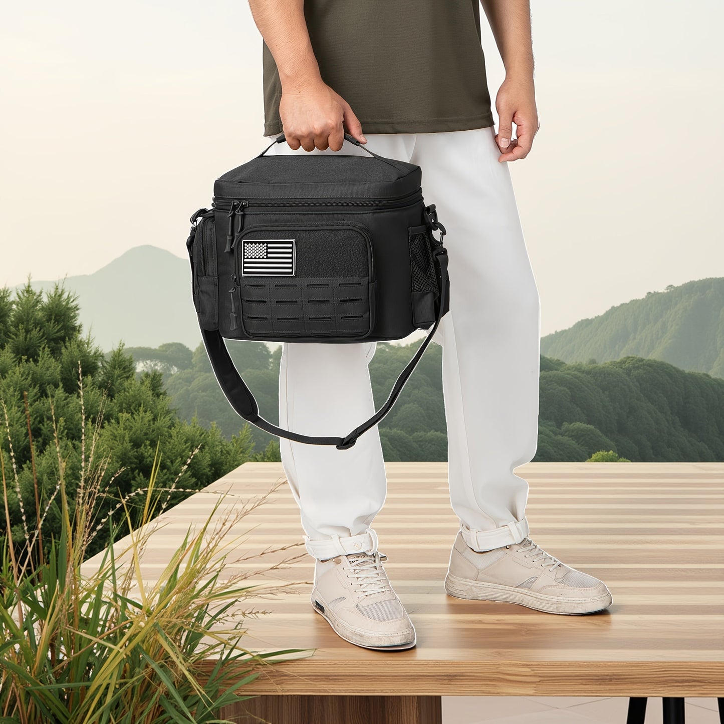 Tactical Insulated Lunch Bag for Men – Expandable Heavy-Duty Cooler Bag with MOLLE Webbing, Leakproof Thermal Lunch Box for Work, Camping, Outdoor Picnic & Hiking – Available in Green, Black & Khaki