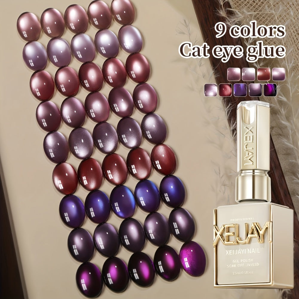 Purple Cat Eye Magnetic Gel Polish Set 9 Colors UV LED Soak Off | 3D Light-Shifting Effect 0.51oz Each Long Lasting Chip-Free | Salon & Home DIY Nail Art Manicure Kit for Women Beginners