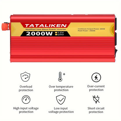 2000W Power Inverter DC 12V to AC 110V - US Socket Car Converter with Cooling Fan & Overload Protection | Road Trips, Camping & Emergency Use
