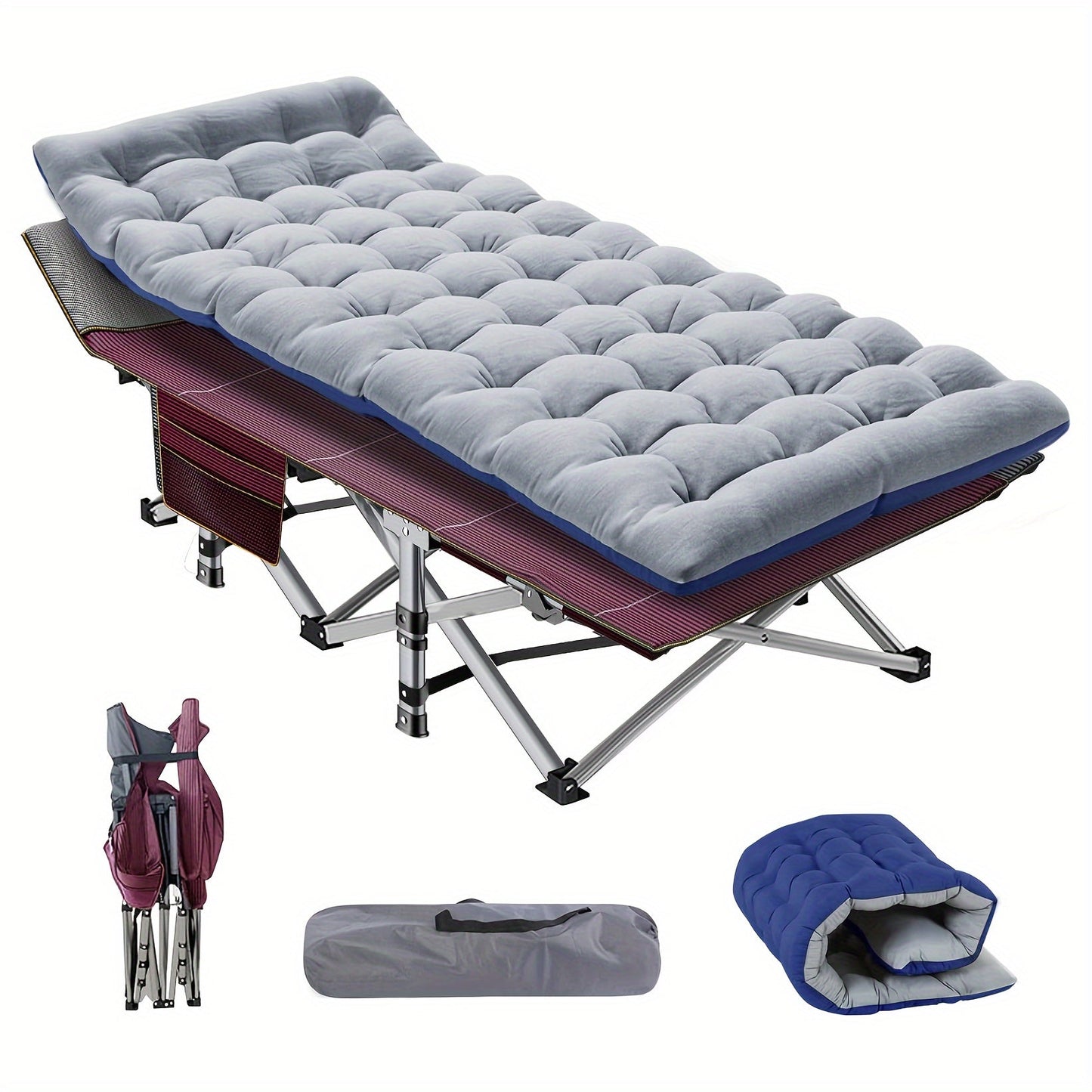 Heavy Duty Folding Camping Cot 75 Inch Portable Sleeping Bed with Carry Bag Guest Bed for Adults Outdoor Camping Hiking Home Use Gray Wine Red with Blue Mattress or Two Side Mattress