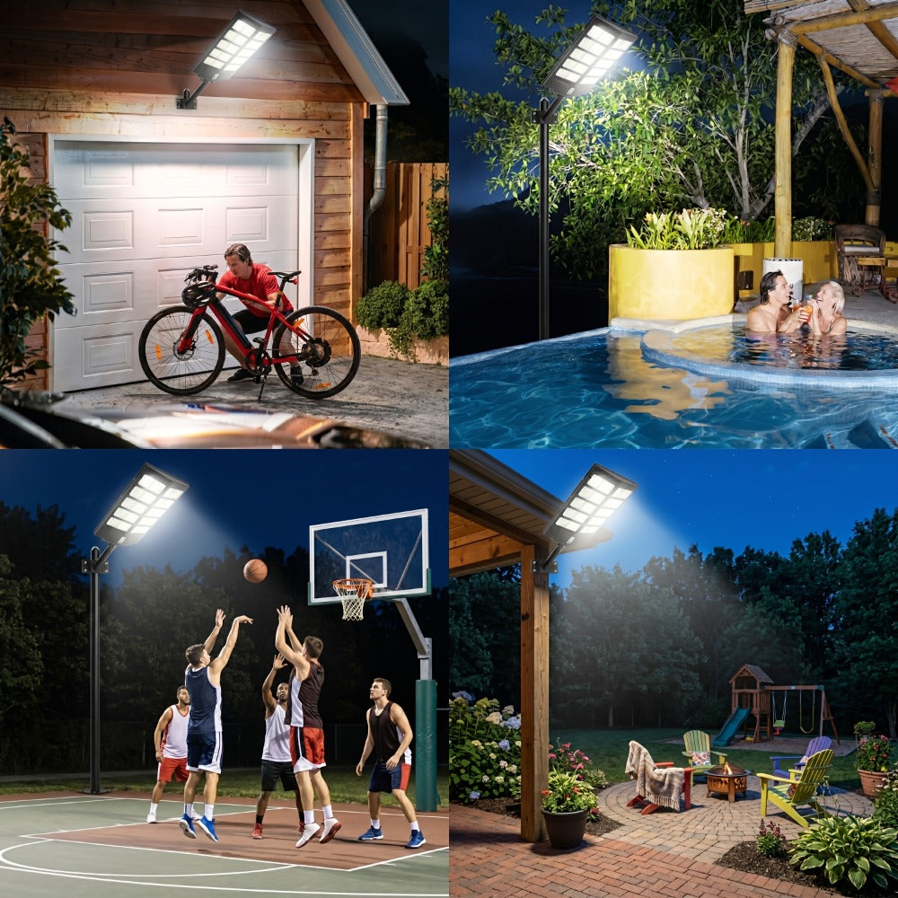 Solar Street Lights Outdoor 800 LED IP54 Waterproof with Motion Sensor – 6500K Dusk to Dawn Flood Light, Remote Control, Adjustable Brightness & Timer for Parking Lot Yard Garage Driveway Rural Area
