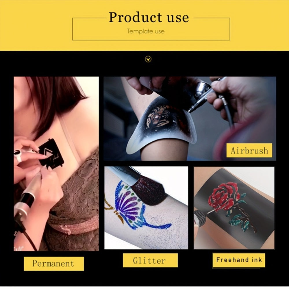 DIY Tattoo Stencils Set 12 Sheets Hollow Design Templates | Reusable Body Art Kit for Arm Ankle Ear Wrist | Waterproof Compatible with Juice Paste Freehand Ink Henna | Unisex Home Party Tattoo Kit