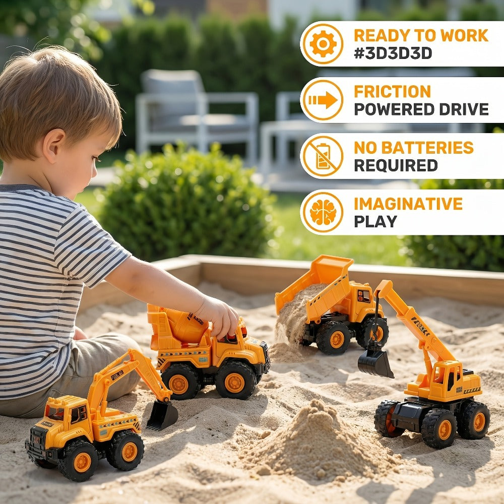 4-Piece Construction Truck Set for Kids – Excavator Dump Truck Crane Cement Mixer Sandbox STEM Engineering Vehicle Playset, Toddler Boy Girl Birthday Gift Ages 3+