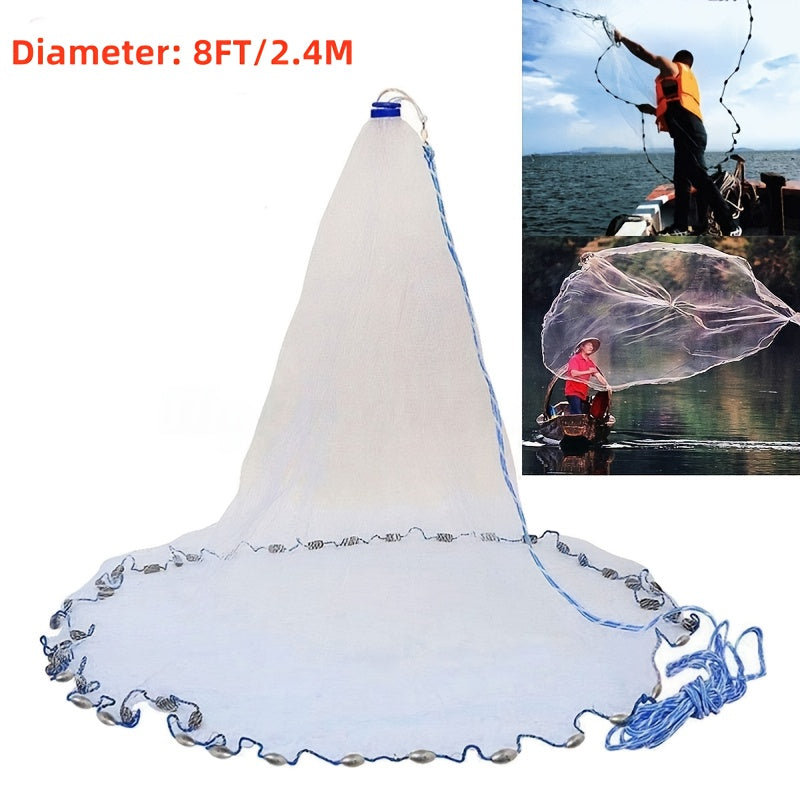 Throw Cast Net 8FT 10FT Transparent Thread Nylon Mesh 3/8in, Galvanized Zinc Sinkers 26ft PE Braid Hand Line No-Ring Design for Shrimp Bait Trapping Pond River Saltwater Fishing