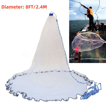 Throw Cast Net 8FT 10FT Transparent Thread Nylon Mesh 3/8in, Galvanized Zinc Sinkers 26ft PE Braid Hand Line No-Ring Design for Shrimp Bait Trapping Pond River Saltwater Fishing