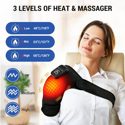 Cordless Heated Shoulder Massager with Vibration – 3 Heat Levels & 3 Vibration Intensities Electric Heating Pad for Shoulder, Elbow & Knee Pain Relief, LED Touch Screen, USB & Battery Powered