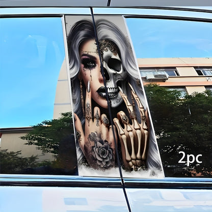 Car Door B-Pillar Vinyl Decal Stickers 2pcs Skull & Girls Design | Waterproof Scratch-Resistant Self-Adhesive Glossy Exterior Decor | Durable Car Body Stickers for SUV Truck Auto Styling