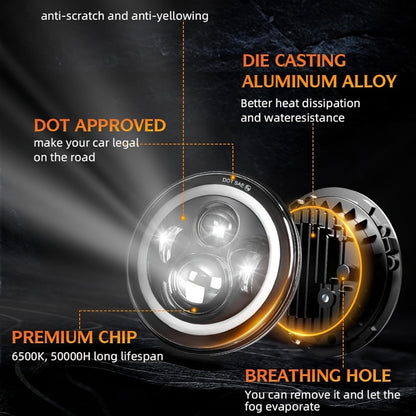 7 Inch Round LED Headlights for Jeep Wrangler JK TJ CJ Colorful DRL Halo Ring Amber Turn Signal High Low Beam, 2pcs White Red Green Blue Multi-Color Replacement Headlamp Set