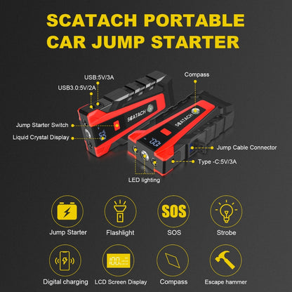 Heavy Duty Jump Starter 14.0L Gas & 12.0L Diesel – Digital Tire Pressure Gauge, Air Pump, Window Breaker & SOS LED Display for Cars Trucks SUVs RVs Motorcycles