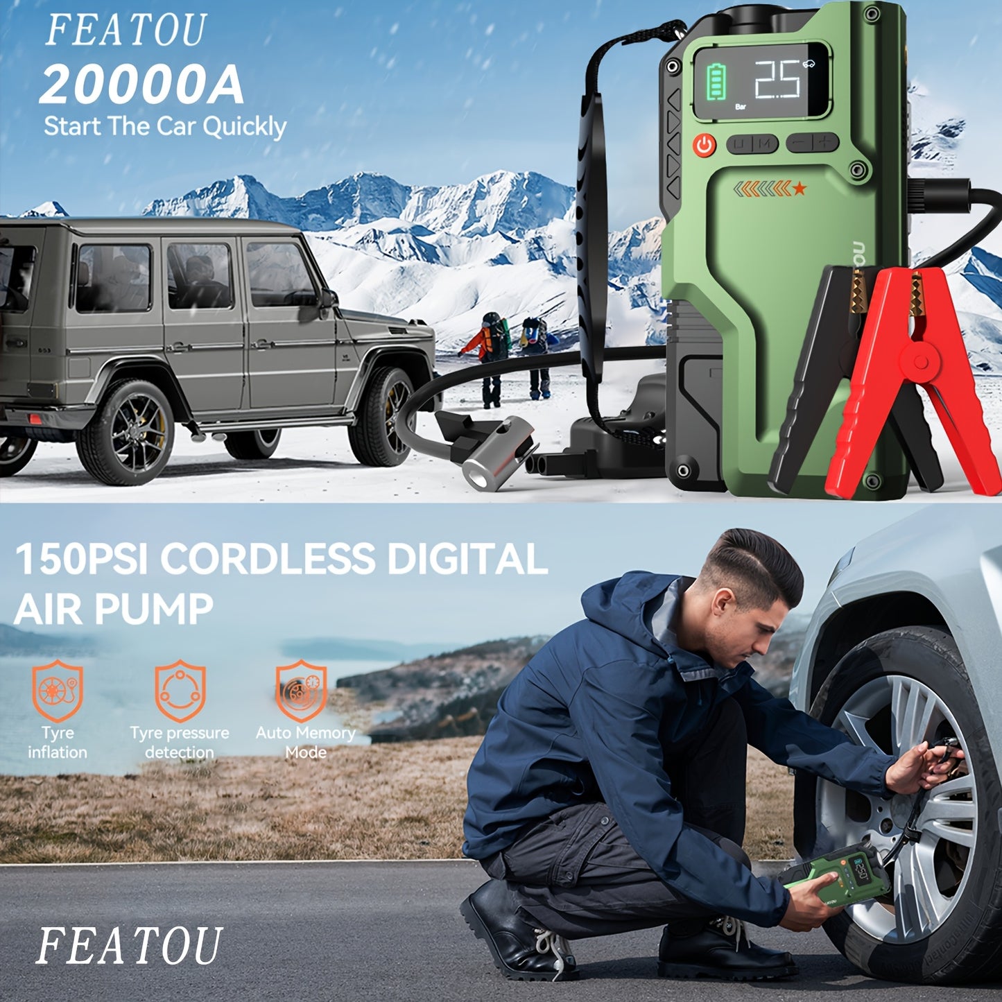 20000A Jump Starter with Air Compressor 150PSI Digital Tire Inflator – Portable Heavy-Duty Battery Pack Car Jumper Starter with USB-A & USB-C Charging for Gas & Diesel Engines (Enhanced Version)