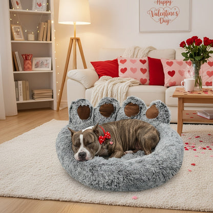 Dog Bed Cat Bed Bear Paw Shaped Donut – Calming Round Plush Pet Mattress, Warm & Soft Cuddler Bed for Dogs and Cats, Includes Pet Scarf, Sizes S to 2XL, Colors: Coffee, Pink, Grey, Brown