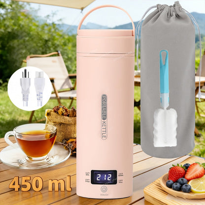 Travel Electric Kettle Mini Portable – Small Water Boiler with 4 Temperature Settings, 304 Stainless Steel, Auto Shut-Off & Boil-Dry Protection, BPA-Free Compact Tea Coffee Kettle with Leather Sleeve – Pink, Black, White