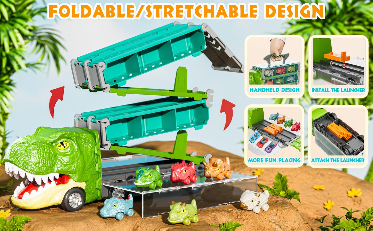 Dinosaur Truck Toys 13-in-1 Transport Carrier with 63-Inch Foldable Race Track | 6 Dino Cars + 6 Die-Cast Cars | 2-Player Racing Mode | Kids Birthday Christmas Gift