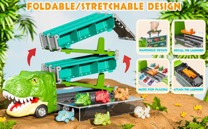 Dinosaur Truck Toys 13-in-1 Transport Carrier with 63-Inch Foldable Race Track | 6 Dino Cars + 6 Die-Cast Cars | 2-Player Racing Mode | Kids Birthday Christmas Gift