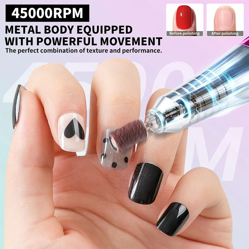 45000RPM Cordless Nail Drill Machine – Rechargeable Professional Electric Efile for Acrylic & Gel Nails | Variable Speed Nail Drill for Manicure, Pedicure, Shaping & Polishing, Salon & Home Use