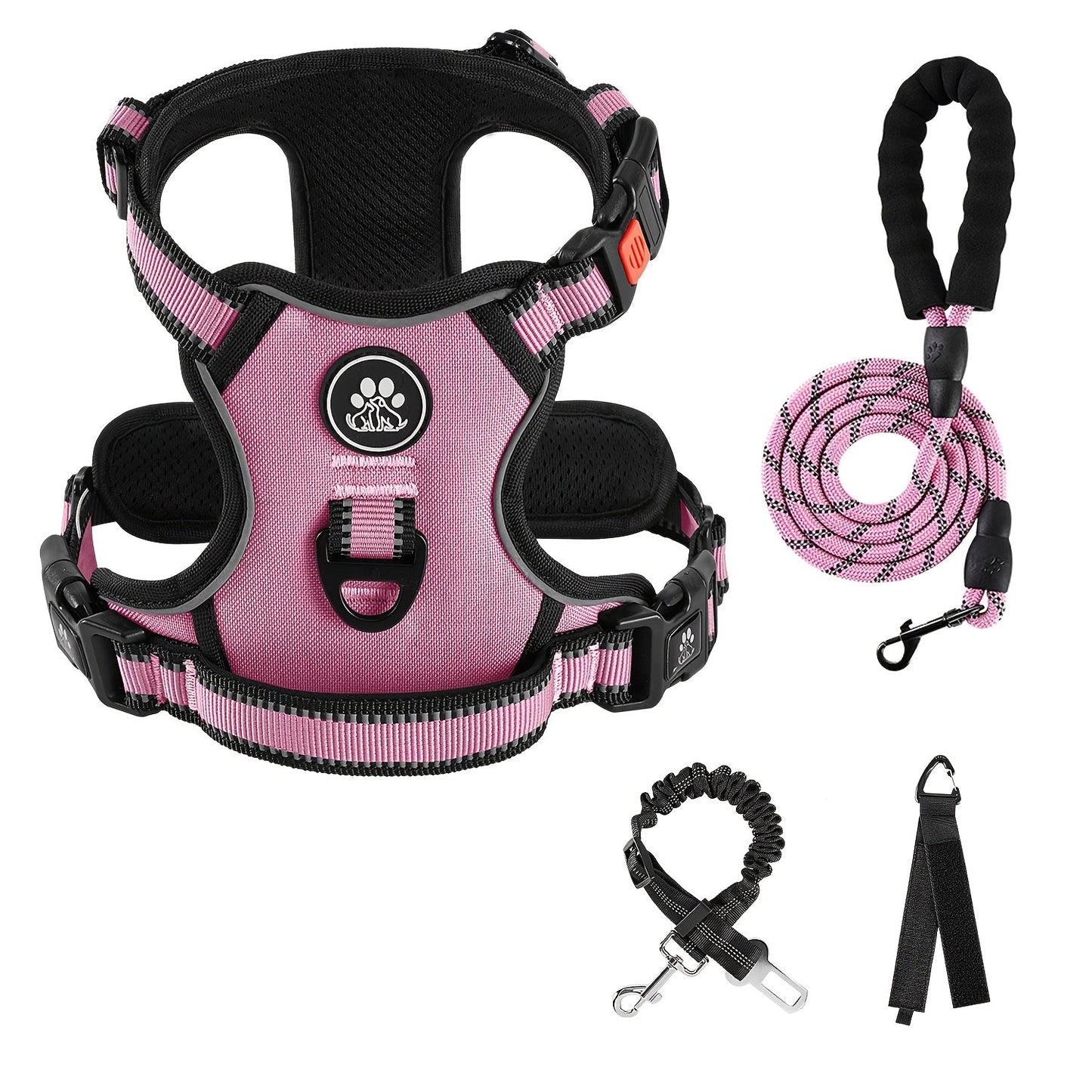No Pull Dog Harness Set with Collar, Leash & Retractable Seatbelt – Reflective Adjustable Breathable Vest for Small to Large Dogs