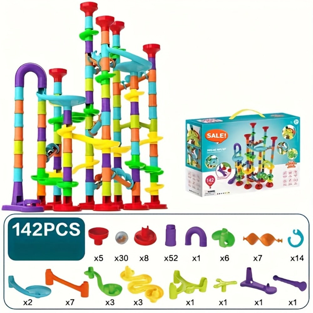 Marble Run Set Building Blocks for Kids 112/147pcs with Glass Marbles – STEM Marble Race Track Construction Toy Logic Hand-Eye Coordination Learning Game, Best Birthday Gift for Boys & Girls Ages 4+