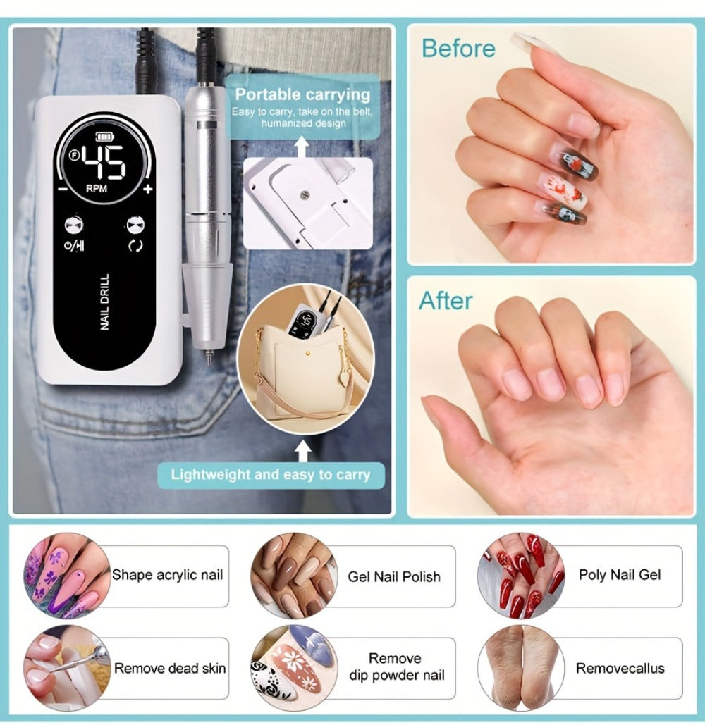 Low Noise Nail Drill Cordless 45000RPM Adjustable Speed with Power Display Portable Nail File Grinder for Gel Acrylic Nails Manicure Pedicure Home Salon Use Pink White Purple