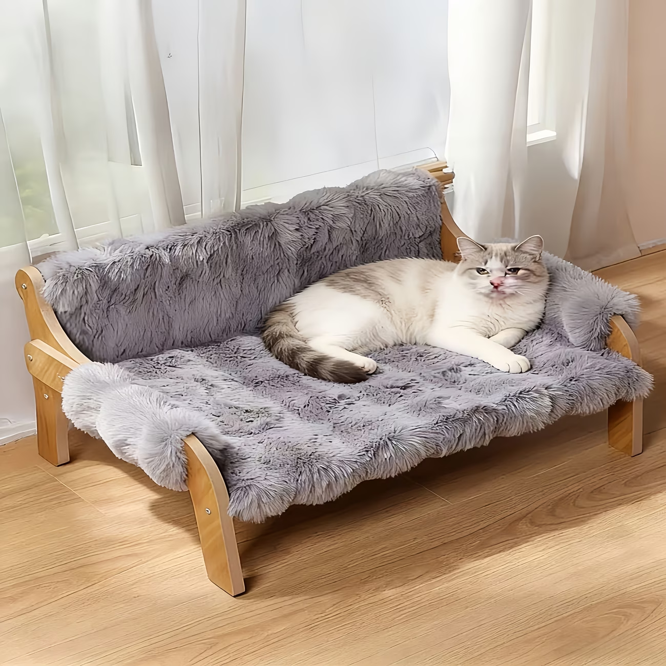 Raised Solid Wood Pet Couch Bed Elevated Modern Cat & Dog Sofa Chair 27x18x12 Inch - Thick Wide Wood Frame Space-Saving Cozy Pet Furniture for Cats & Small Dogs in White & Grey