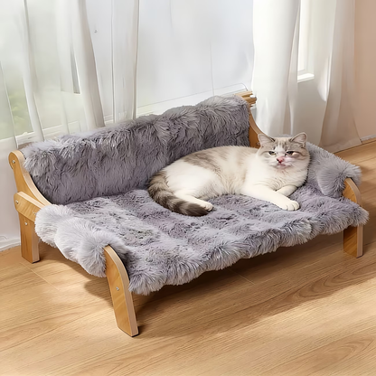 Raised Solid Wood Pet Couch Bed Elevated Modern Cat & Dog Sofa Chair 27x18x12 Inch - Thick Wide Wood Frame Space-Saving Cozy Pet Furniture for Cats & Small Dogs in White & Grey