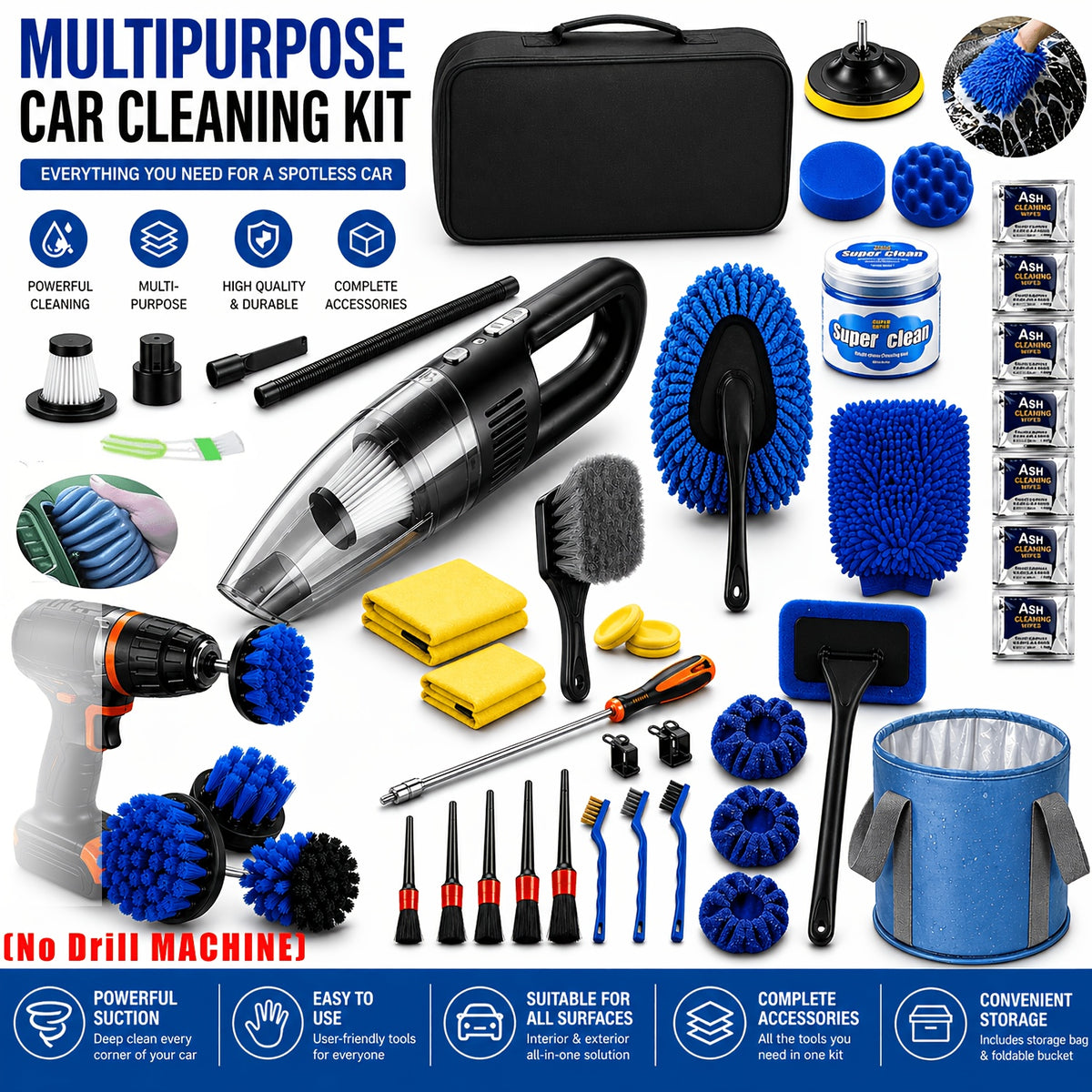 46pcs Car Cleaning And Washing Kit, Internal Detail Cleaning Kit, Equipped with High-power Handheld Vacuum Cleaner, Foldable Bucket, Windshield Tool, Snow Shovel, Tire Brush, Complete Set Of Car Care Tools, Holiday Gift for Family