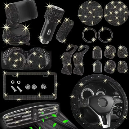 27pcs Bling Car Accessories Set for Women – Steering Wheel Cover 15", Car Coasters, License Plate Frame & Phone Holder, Glitter Interior Kit, Silver, Purple, Pink, Black, Red, Blue