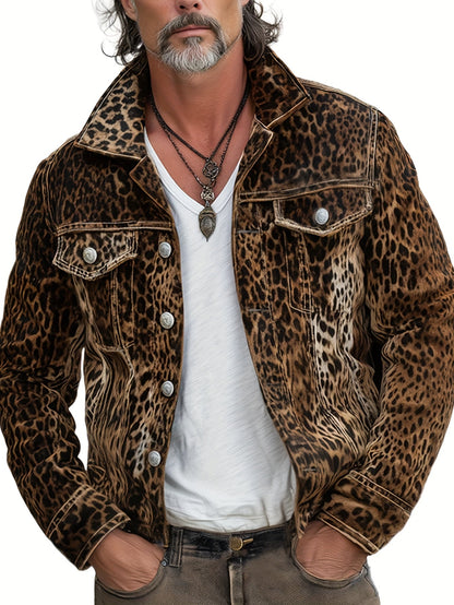 Men's Relaxed Denim Leopard Print Coat