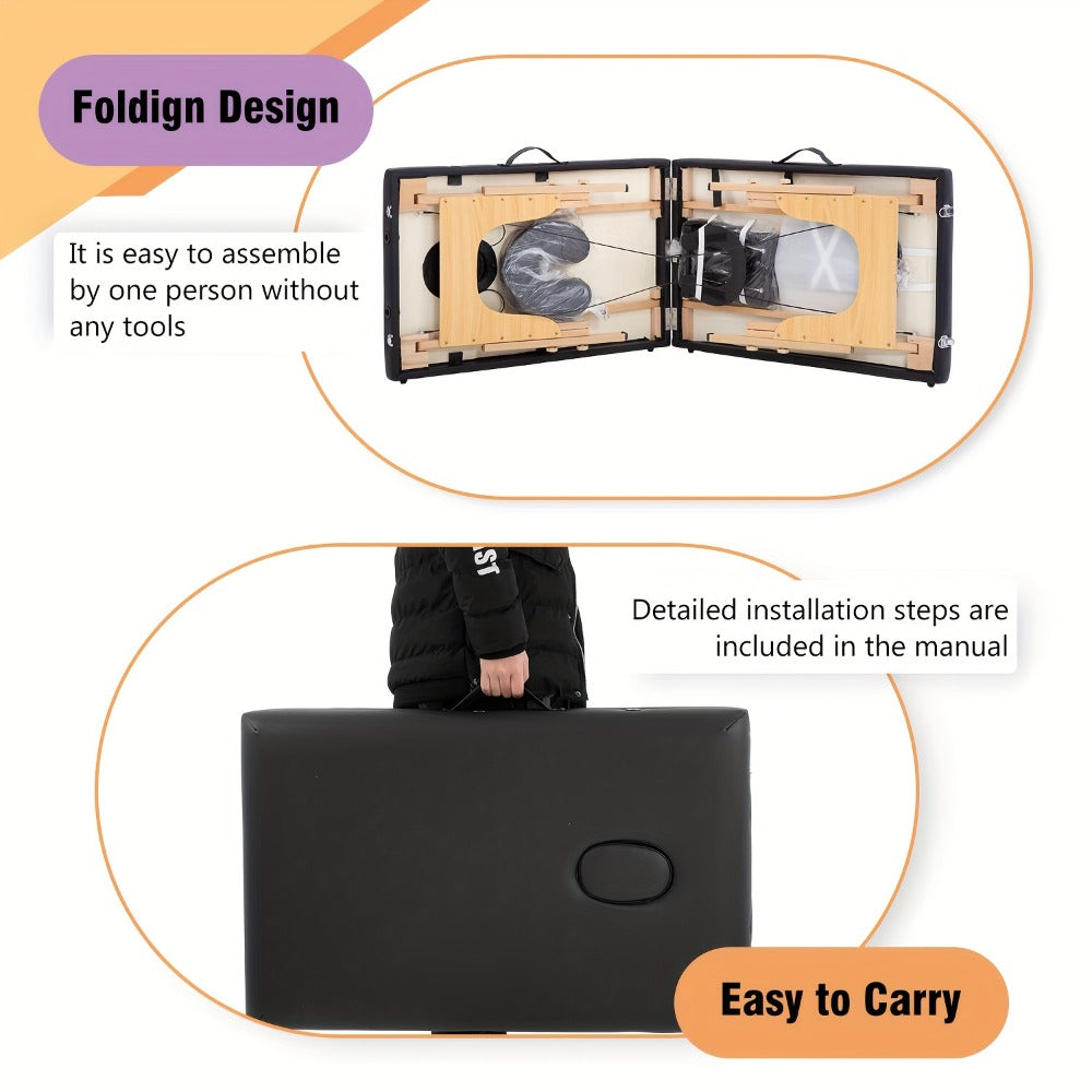 2-Fold Portable Massage Table with Face Cradle & Carrying Bag — Adjustable Height PU Leather Lash Bed for Spa, Tattoo, Esthetician & Home Use, 6 Colors, 2 Sizes