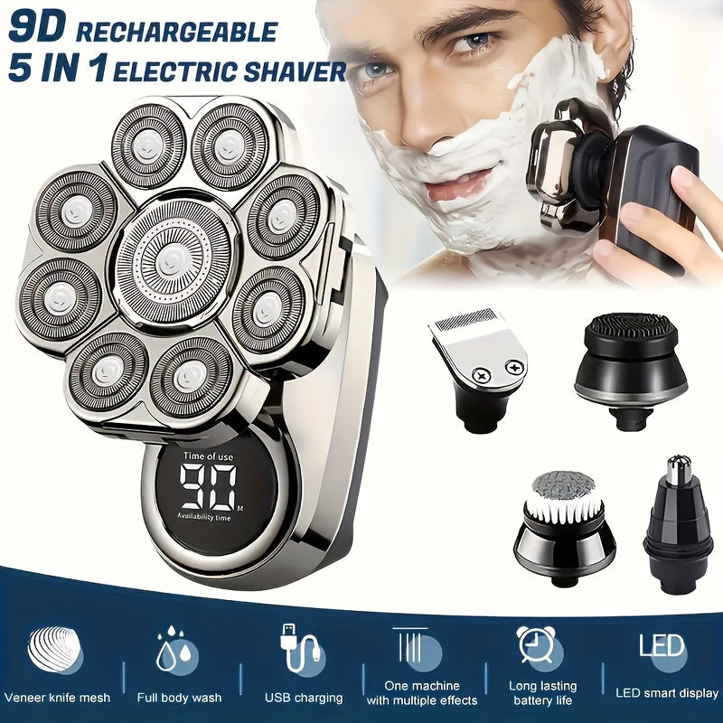 9D Electric Head Shaver for Bald Men – 5-in-1 Cordless Rechargeable Bald Head Razor & Grooming Kit for Home and Travel
