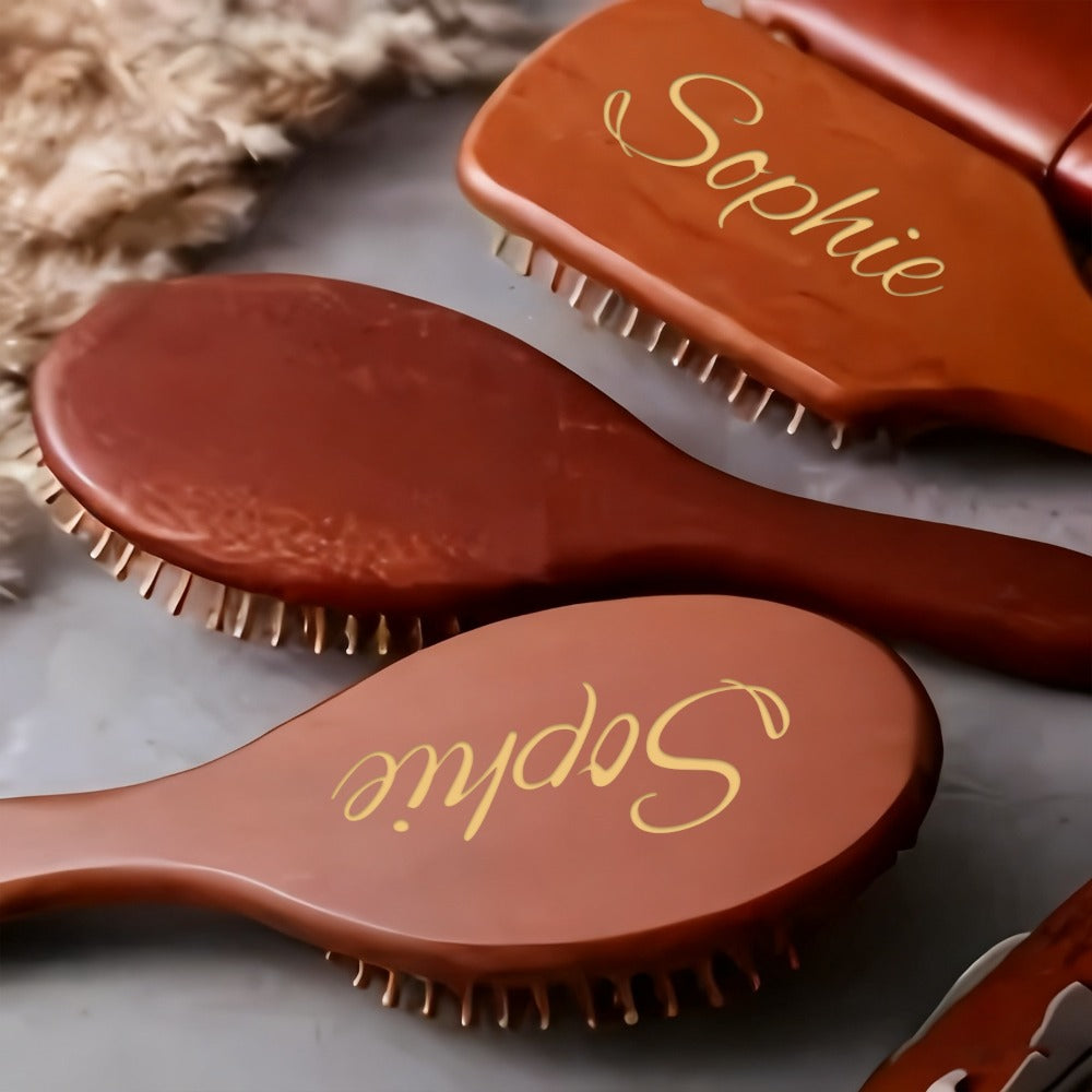 Personalized Engraved Wooden Hair Brush Custom Name - Handmade Bridesmaid Wedding Gift Mother's Day Teacher's Day Valentine's Day Gift for Women Round Square