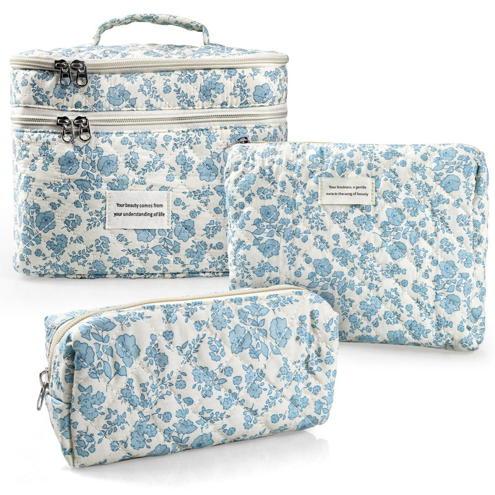 Quilted Floral Makeup Bag Set 3PCS Large Capacity Dual Layer Cotton Cosmetic Bags Coquette Aesthetic Travel Toiletry Organizer Gift for Women Girls Blue Rose Pink