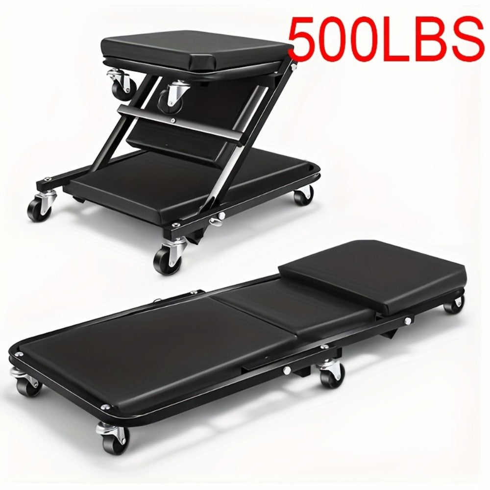 Mechanic Creeper Seat & Rolling Work Stool – Foldable 2-in-1 Auto Repair Crawler, 300 lb Capacity, Adjustable Height, 6 Swivel Wheels, Garage Shop Creeper