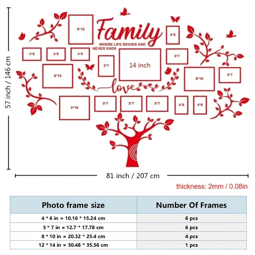 Family Tree Wall Sticker 3D Acrylic Photo Frame Collage – Removable Leaf-Shaped Picture Display with "Family" & "Love" Text, Peel & Stick Living Room Wall Decor, 81.5 x 57.48 Inches