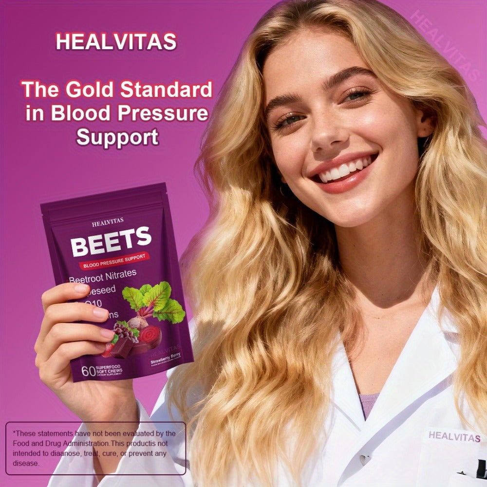 Beet Root Gummies for Blood Pressure & Heart Health with CoQ10 Vitamin B12 B6 Grapeseed Extract — Chewable SuperBeets Blood Flow Booster Nitric Oxide Supplement for Men Women 1 2 3 Pack
