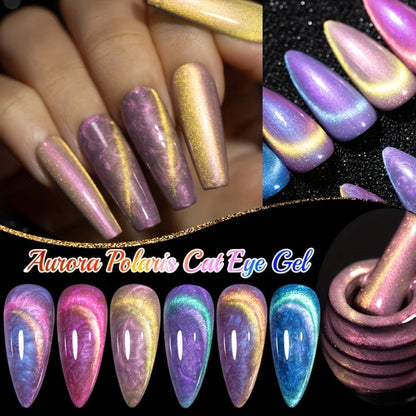 Cat Eye Gel Nail Polish Set 6Pcs 9D Aurora Magnetic Glitter Pearl Shell Effect – Soak-Off Semi-Permanent UV LED Gel Varnish Nail Art Kit for Home Salon Manicure Gift for Women