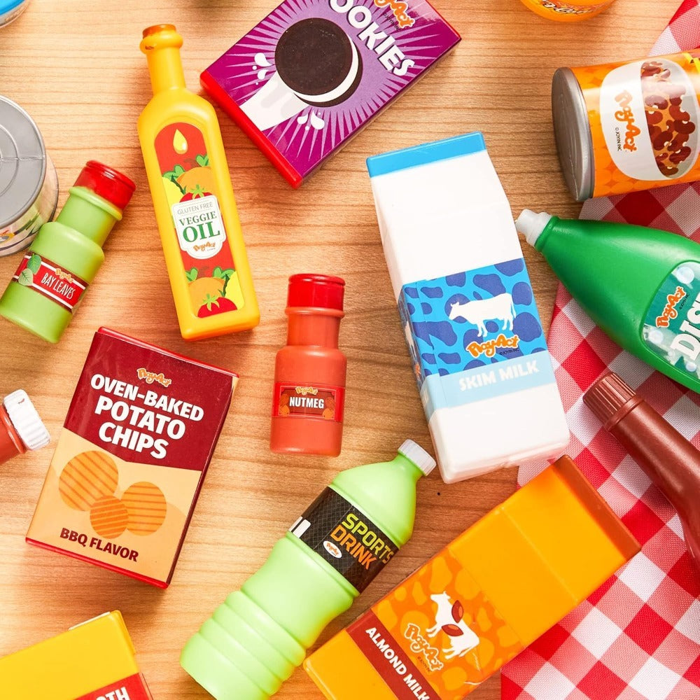 30 Pcs Play Food Grocery Cans Set - Pretend Kitchen Toy with Drinks, Juice, Snacks & Yogurt, BPA-Free Safe, Easter Basket Stuffer, Party Favor Gift for Boys Girls Ages 3+