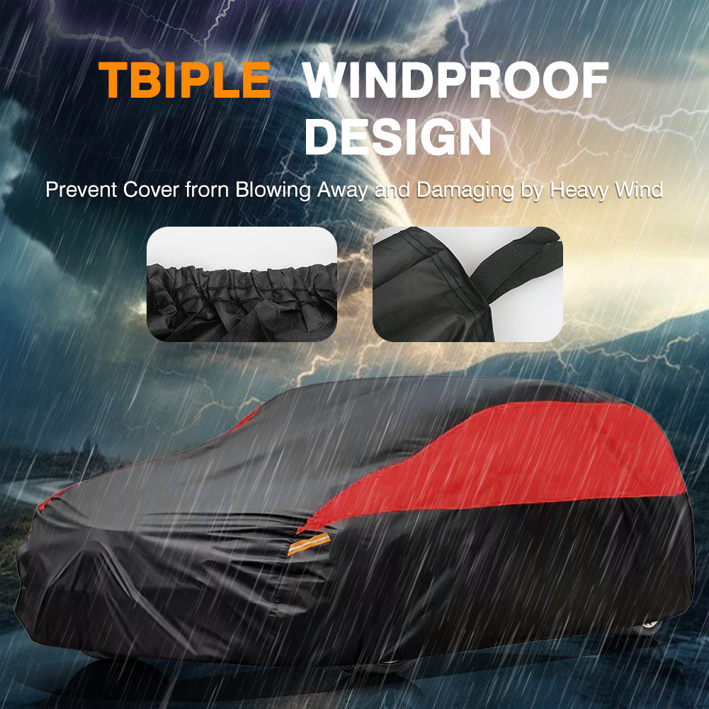 Universal Fit Outdoor Car Cover 170T Polyester Thickened Fabric with Reflective Strips, Full Exterior Sunshade Dustproof Protection for Sedan SUV - Black & Red