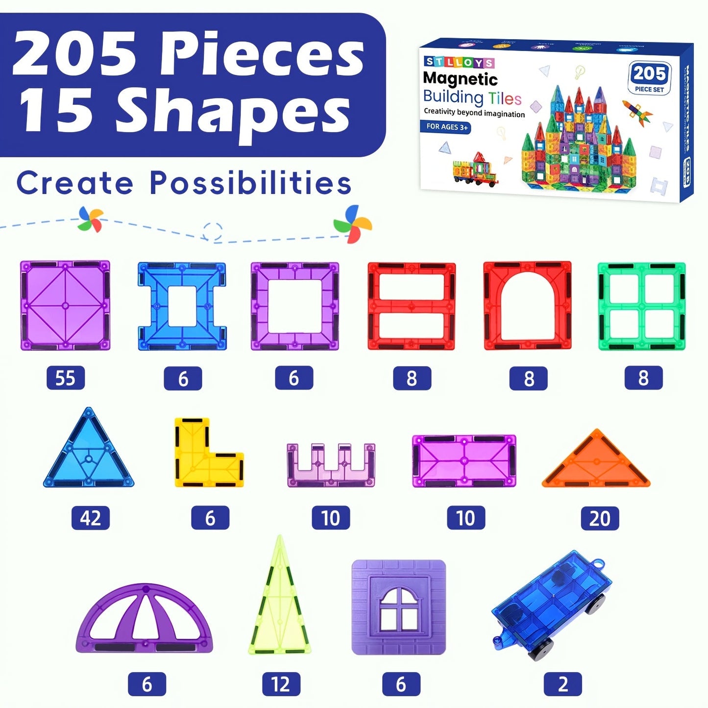 Magnetic Tiles Building Set for Kids 3 4 5 6 7 8 – 80 106 136 205pcs Clear 3D Magnet Building Blocks STEM Educational Toy Child-Safe ABS Creative Birthday Christmas Gift Boys Girls