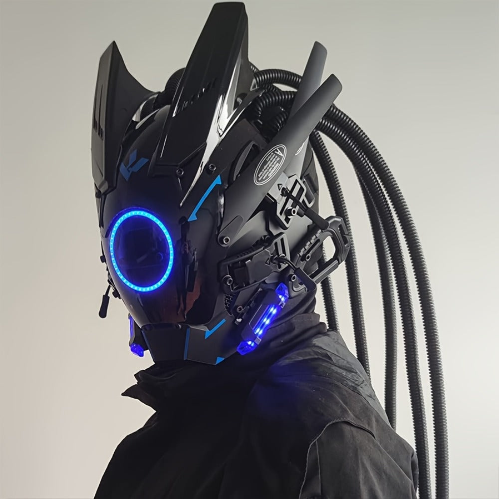 LED Cyberpunk Samurai Mask with Braids – Futuristic Sci-Fi Mechanical Face Mask for Halloween, Cosplay, Music Festival & Rave Party, Blue Green Pink, Free Helmet Included, Adult Gift