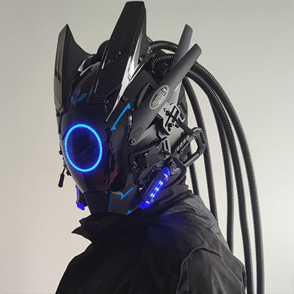 LED Cyberpunk Samurai Mask with Braids – Futuristic Sci-Fi Mechanical Face Mask for Halloween, Cosplay, Music Festival & Rave Party, Blue Green Pink, Free Helmet Included, Adult Gift